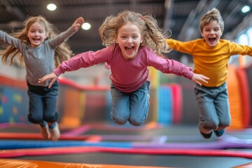 Three cheerful children are having fun, jumping high on colorful trampolines at an indoor playground