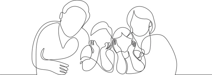 Happy family with two children in continuous line drawing style. United family portrait of parents with their daughter and son black linear sketch isolated on white background. Vector illustration.