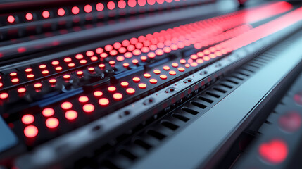 A close-up view of illuminated red dots on a sleek, dark surface, showcasing modern technology and design elements.