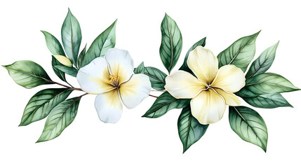 Fototapeta premium Watercolor of Tropical spring floral green leaves and flowers s isolated on wgite background