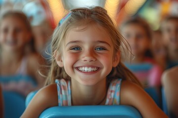 Girl enjoying a ride on a carousel at a funfair, expressing joy and excitement