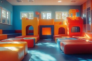 Soft, colorful play area with various shapes and structures, creating a safe and stimulating environment for children's activities