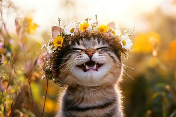Golden hour in sunset. Cute adult cat donskoy wearing fierce flower circlet on its head. Vacation time happiness. Sunshine and flowers for cats. Cute cat enjoying holidays.