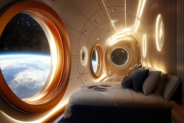 Luxury space hotel suite with views of earth and stars from panoramic windows