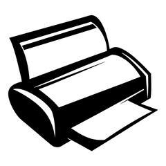 Monochromatic office equipment illustration of printer ejecting document, digital vector clip