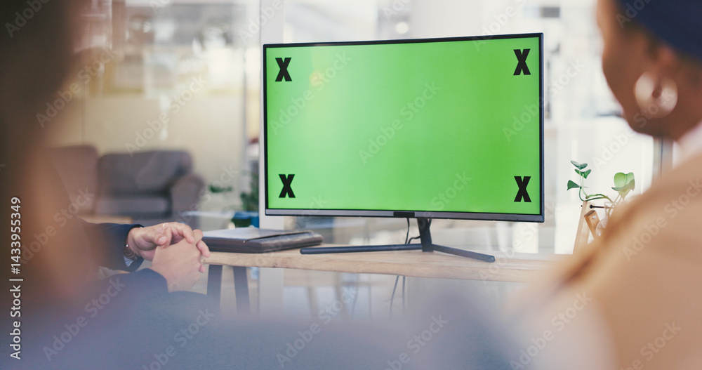 Aufkleber green screen, monitor or group of business people in meeting for workplace development. mockup space