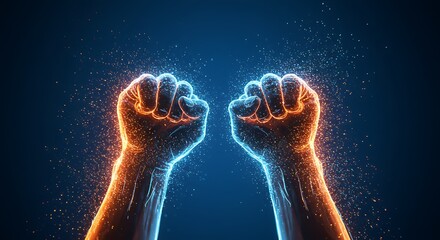 Abstract close-up of clenched fists raised in the air with motion blur and glowing particles representing triumph and determination