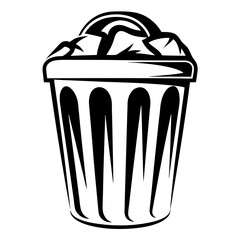 Black and white vector image of a trash can overflowing with garbage