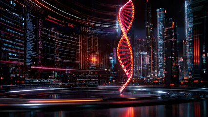 Futuristic Cityscape with DNA Helix: A Glimpse into Genetic Engineering and Urban Technology - Powered by Adobe