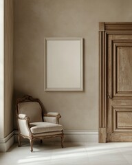 Beige Armchair and Classic Wooden Door in a Calm Interior Setting