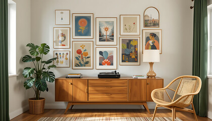 Fototapeta premium Interior Design living room with soft textiles, geometric decor, and sculptural accents. A modern yet cozy space.