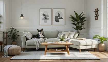 Obraz premium Interior Design living room with soft textiles, geometric decor, and sculptural accents. A modern yet cozy space.