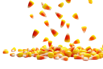 Delicious candy corn pile falling on sweet treats autumn food white sugar on transparent background