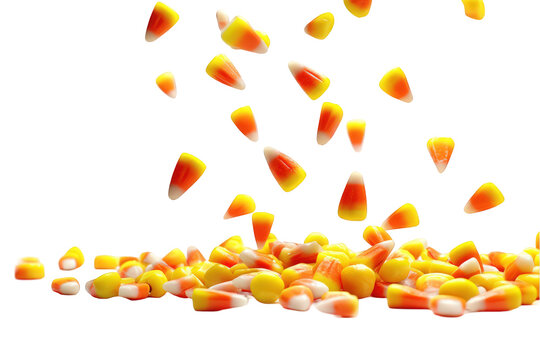 Delicious candy corn pile falling on sweet treats autumn food white sugar on transparent background