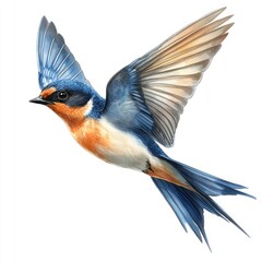 Colorful Swallow Bird in Flight with Elegant Wings and Vivid Blue Feathers on a White Background