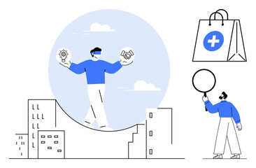 Person balancing light bulb and handshake on curved bridge over buildings, another holding a magnifying glass near a shopping bag. Ideal for innovation, collaboration, search, retail, focus