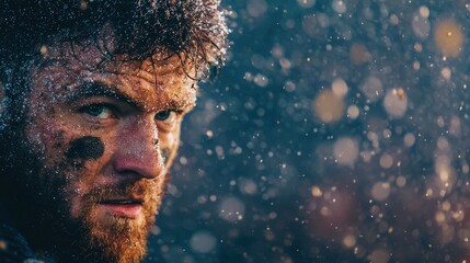 Muddy, determined man in the snow, Close up portrait of a man covered in mud and snow.