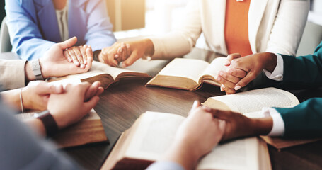 Bible study, religion and people holding hands for praying, support and guidance for belief....