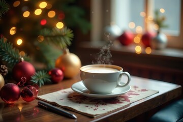 A cozy holiday desk set-up with a steaming cup of coffee, elegant decor, and festive touches, holiday, cozy