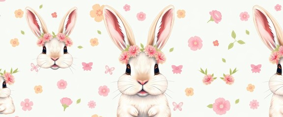 Obraz premium Adorable bunny rabbit wearing a floral crown, repeating seamless pattern background, seamless, meadow