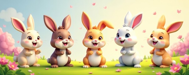 Naklejka premium Adorable cartoon rabbits in various poses with colorful backgrounds, whimsical, adorable