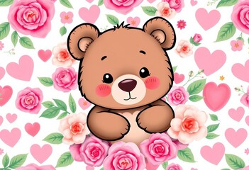 Obraz premium Adorable cartoon bear nestled in a pink floral heart pattern Seamless vector illustration, whimsical, childish