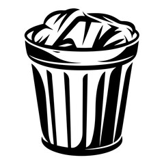 Monochrome illustration of a trash bin overflowing with abstract garbage design