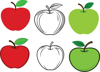 A graphic featuring six apples arranged in two rows. Solid red apples with green leaf, blank outlines of apples, and solid green apples with a brown stem. 