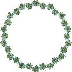 Circular border with many colorful flowers. Illustration made with schematic lines on a white background creating a circular border.