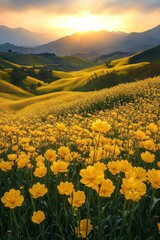 Obraz premium Golden sunset with flower field hills.
