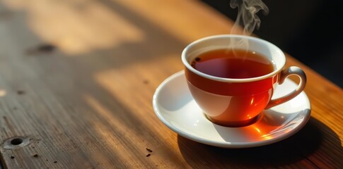 A steaming cup of hot tea with a saucer on a wooden table, aerial view, cup, relaxation