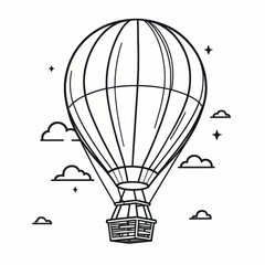 Vintage Hot Air Balloon Line Art Illustration with Clouds and Stars a perfect design for travel posters and adventure branding