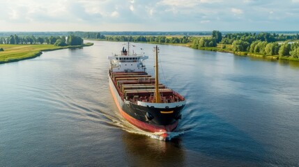 Cargo Ship on a River Aerial View of a Vessel Navigating Lush Green Banks