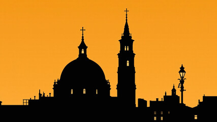Fototapeta premium Silhouette of Historical Cityscape with Dome at Sunrise