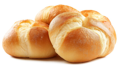 Three small, round, and slightly flattened bread rolls with sugar sprinkled on top. The rolls are placed on a white background