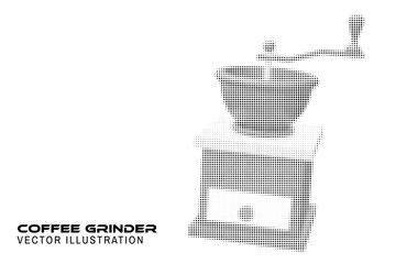 Classic Halftone 3d coffee grinder boiler poster, banner, flyer template. Circle halftone shape burr mill for coffee beans, seasoning, spices. Vector illustration