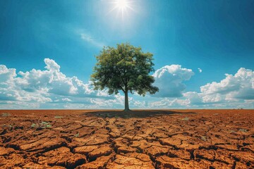 Dry landscape with a lone tree under a bright sun and dramatic clouds