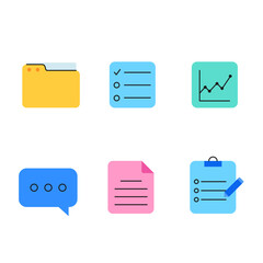 Set of colorful vector icons related to documents, files, tasks, and data management. Includes icons of a folder, checklist, graph, chat bubble, document, and clipboard. Minimalistic and modern flat d