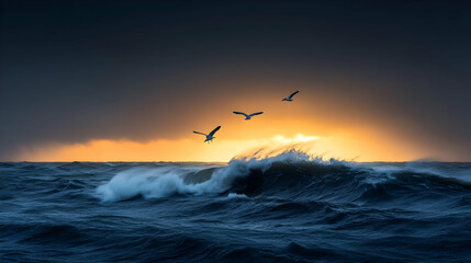 Obraz premium Dramatic Sunrise Over Turbulent Ocean Waves With Seabirds