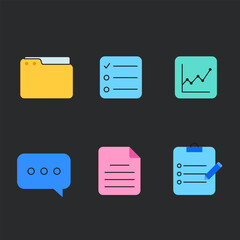 Set of colorful vector icons related to documents, files, tasks, and data management. Includes icons of a folder, checklist, graph, chat bubble, document, and clipboard. Minimalistic and modern flat d