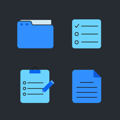 Set of colorful vector icons related to documents, files, tasks, and data management. Includes icons of a folder, checklist, graph, chat bubble, document, and clipboard. Minimalistic and modern flat d