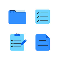 Set of colorful vector icons related to documents, files, tasks, and data management. Includes icons of a folder, checklist, graph, chat bubble, document, and clipboard. Minimalistic and modern flat d