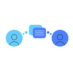 Minimalistic vector illustration of two people communicating through speech bubbles. Represents conversation, communication, messaging, and social interaction. Flat design style with blue tones 