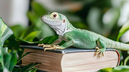 Fototapeta premium Green Lizard On Old Book With Plants