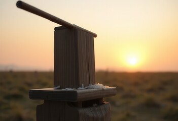 Fototapeta premium Rustic Wooden Rice Pounder at Sunset A Golden Hour Rural Scene