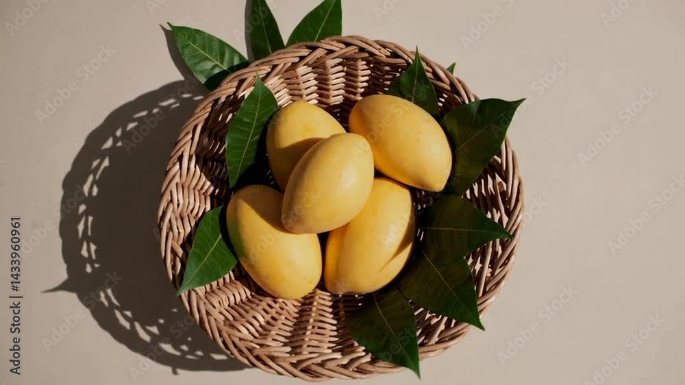 Poster Golden mangoes lie in a wicker basket adorned with green leaves, casting a subtle shadow on a smooth beige backdrop, creating a visually appealing display of tropical freshness