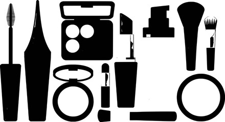 Black and white silhouette of makeup products cosmetic essentials for beauty
