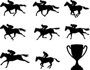 Horse racing silhouettes with jockey and trophy award illustration vector graphic