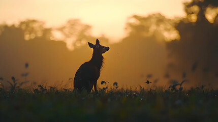 Naklejka premium Silhouette Of Dog At Sunrise Meadow