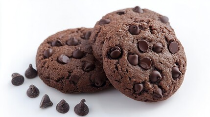 Three delicious double chocolate cookies with chocolate chips scattered around.